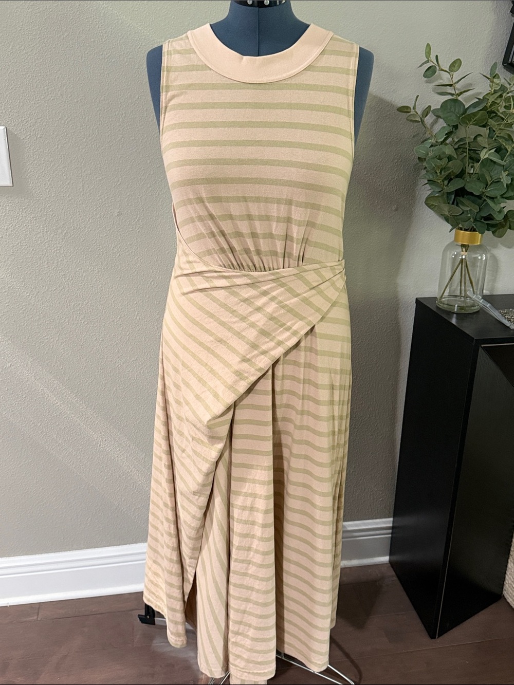 Striped Sleeveless Wrap-Front Maxi Dress in Beige and Light Green